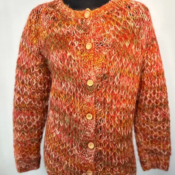 VTG 60s Sears Mary Lewis Cardigan Sweater Orange Green Space dye Wood Buttons M - Picture 9 of 9